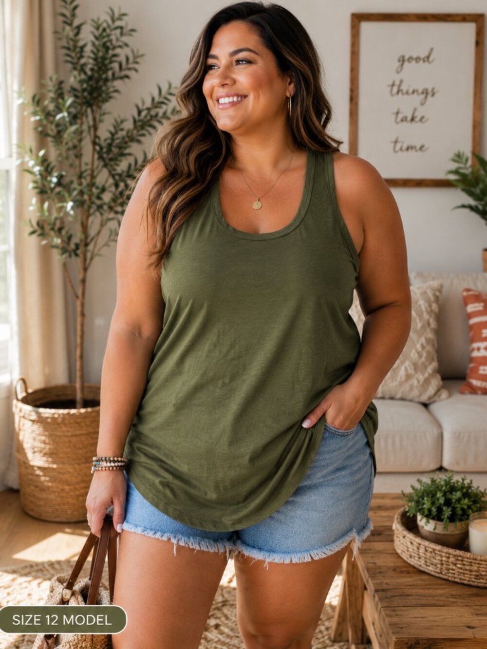 SHEIN Womens XL Olive Green Racerback Tank Top Longline Tunic Stretch Casual New